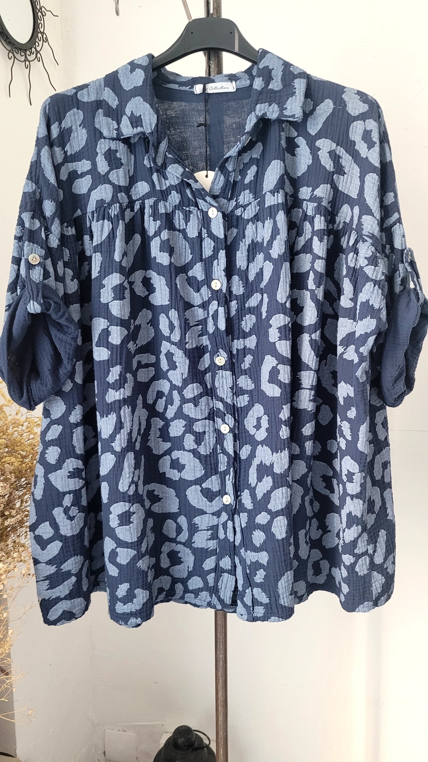 💕 Chemise Oversize en Voile de Coton Gaufré à Imprimé Léopard Bleu