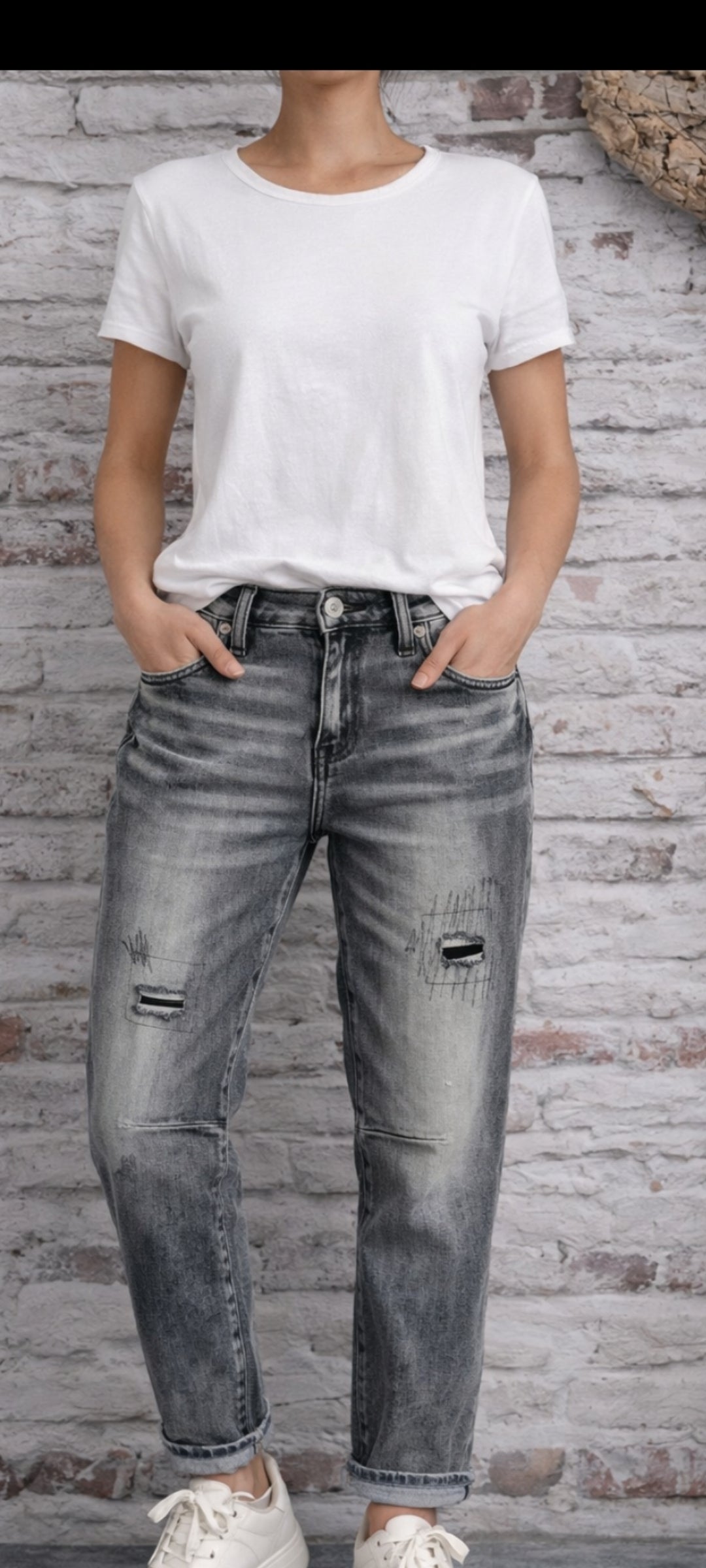 💋Jean Boyfriend S. Woman Noir Délavé Destroy