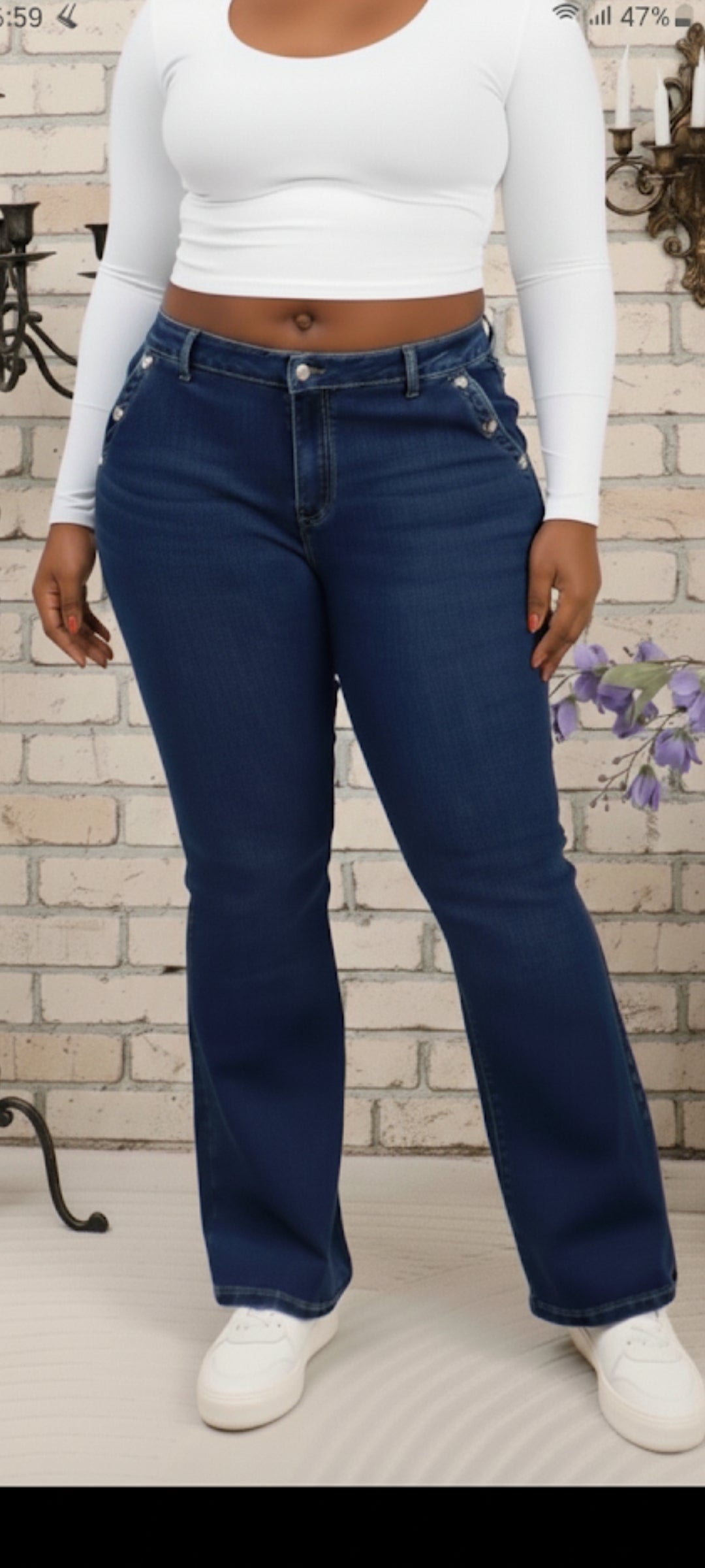 🌺Jean Denim Taille Haute Bootcut avec Boutons Cœur Décoratifs