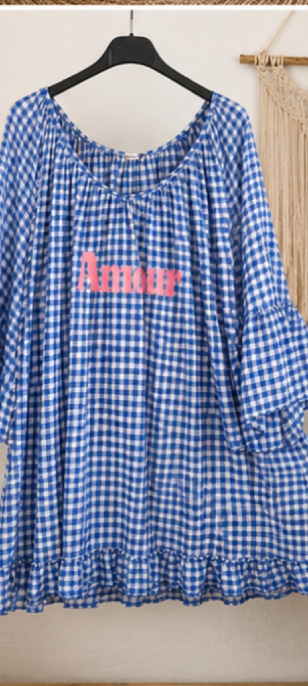 🌷 Tunique “Amour” Vichy Bohème Chic – Bleu & Blanc