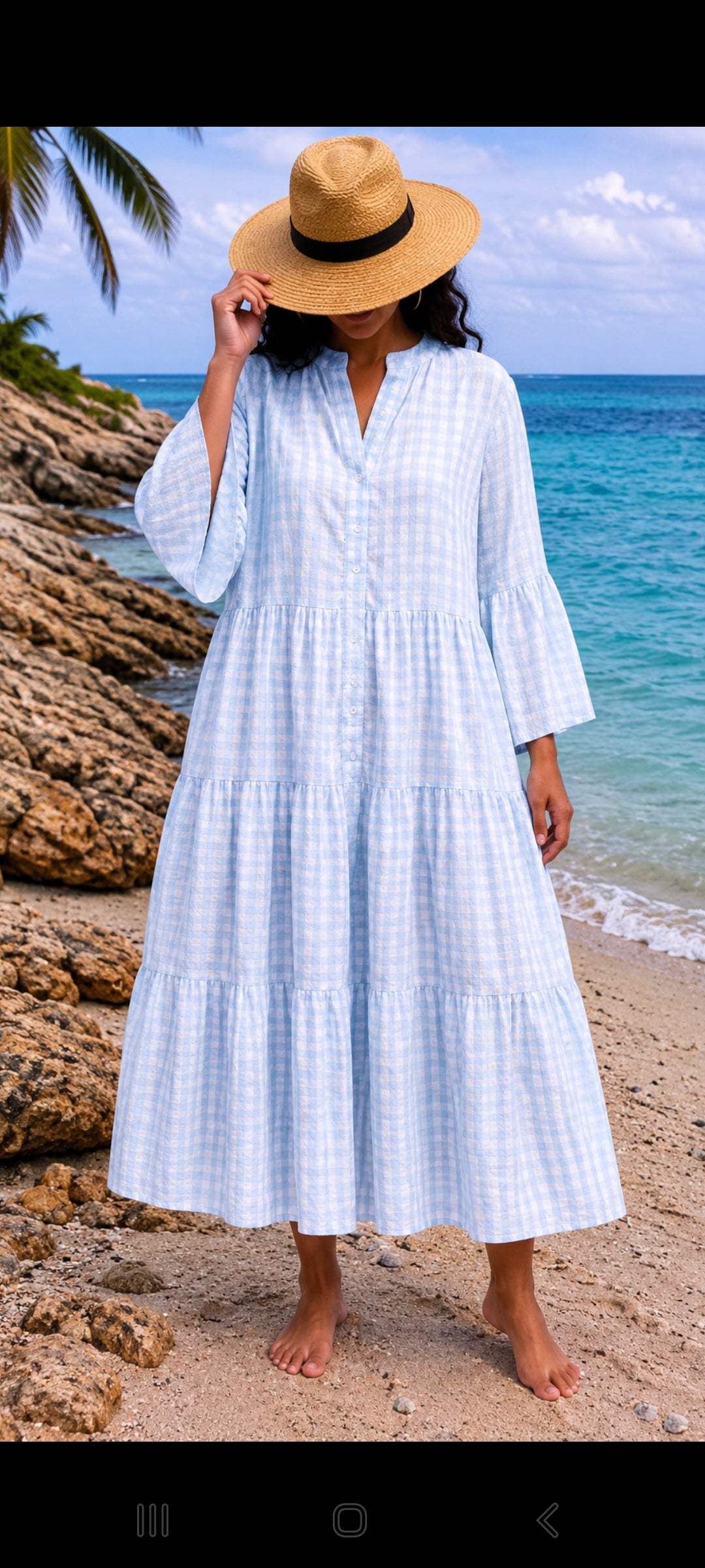 🌴 Robe longue Vichy bohème – Bleu clair