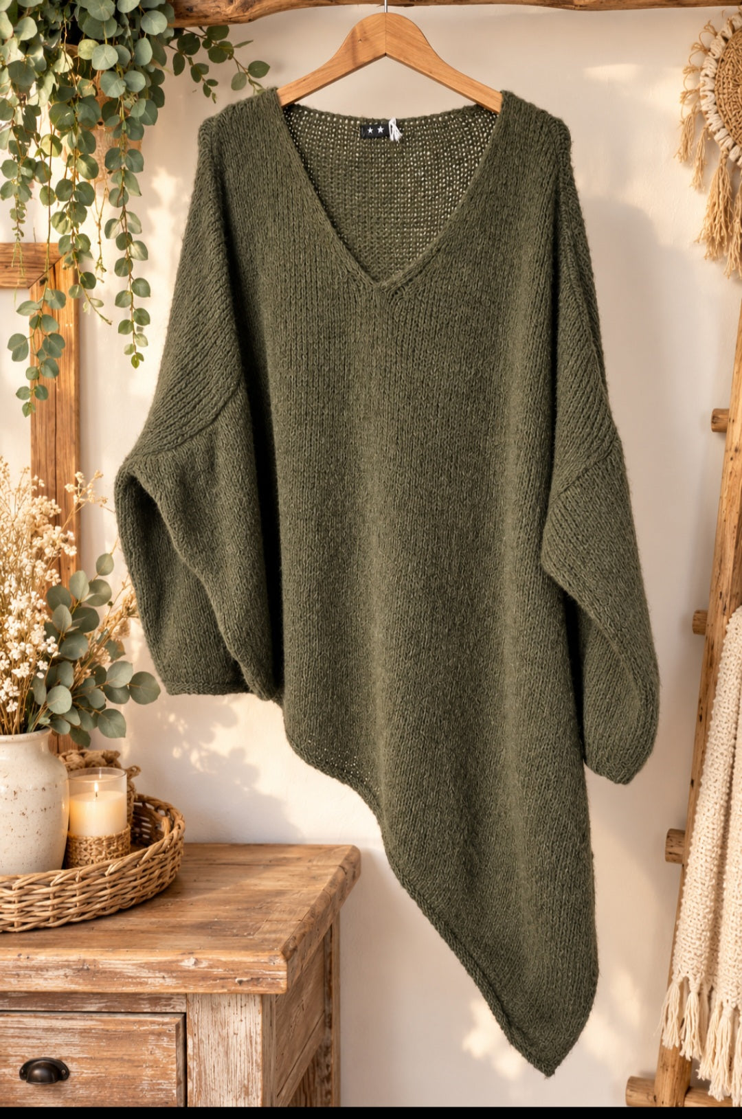 🌿 Pull bohème asymétrique – Vert kaki