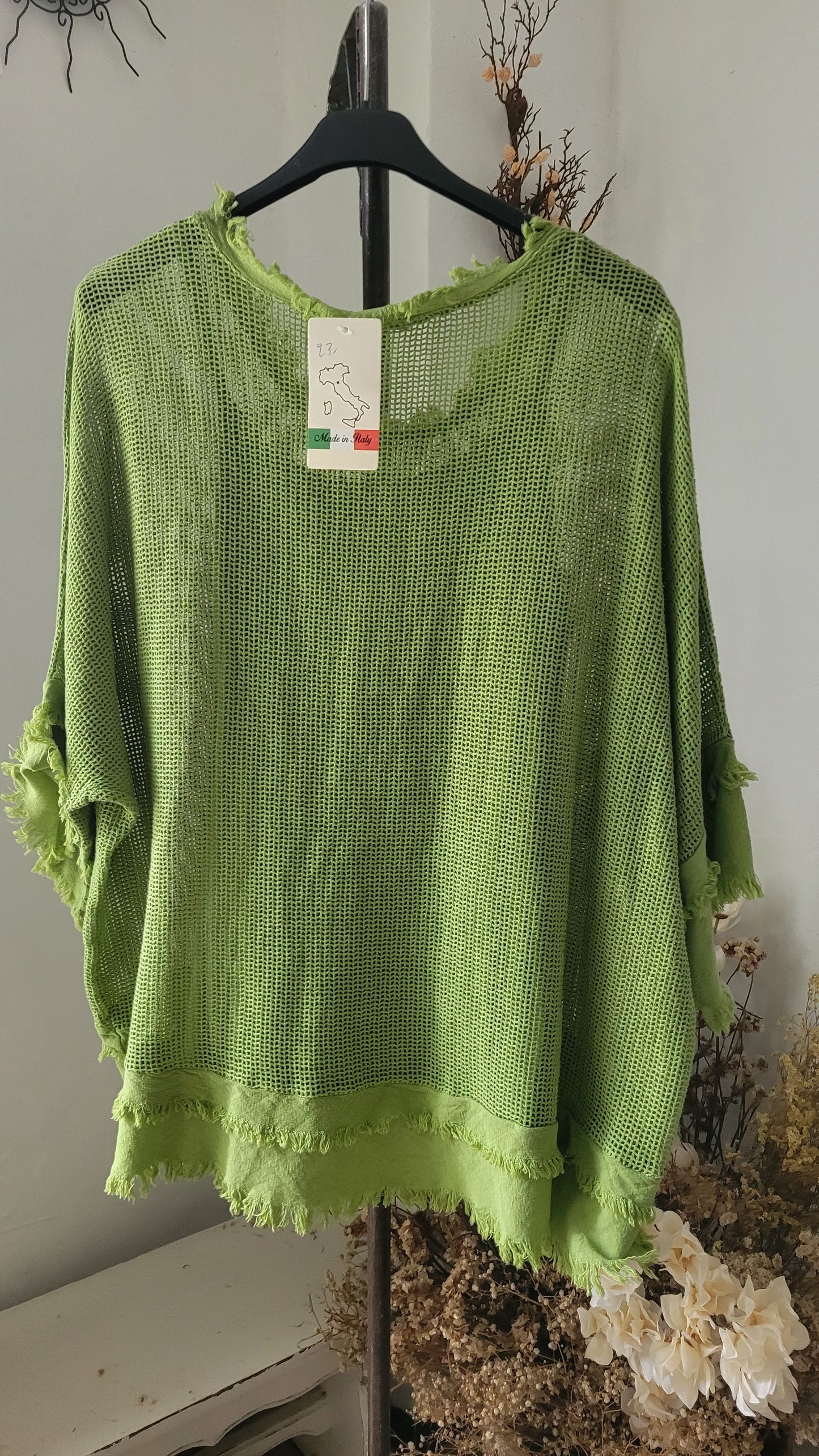 🍀 Top en Maille Ajourée & Franges – Vert Anis