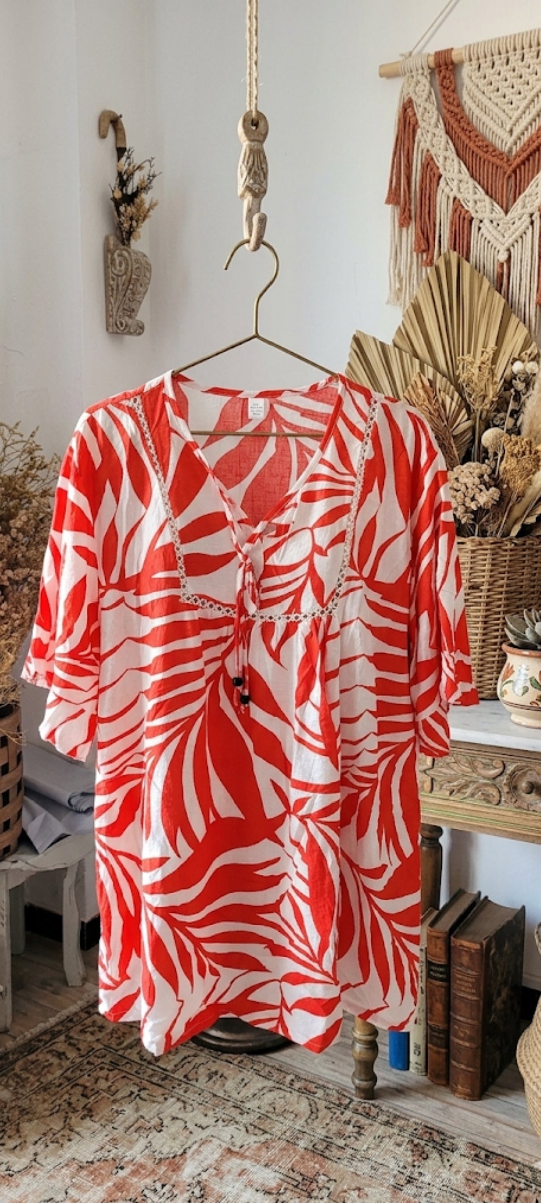 ❤️ Tunique Bohème "Soleil d'Été" – Imprimé Palmier Rouge & Blanc