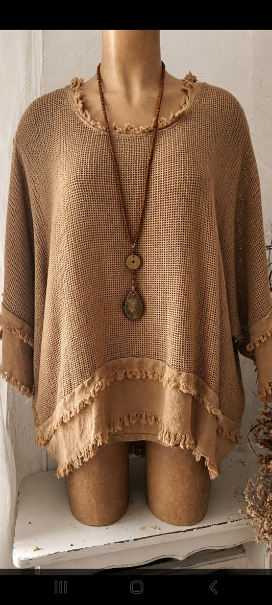 🍀 Top en Maille Ajourée & Franges – camel