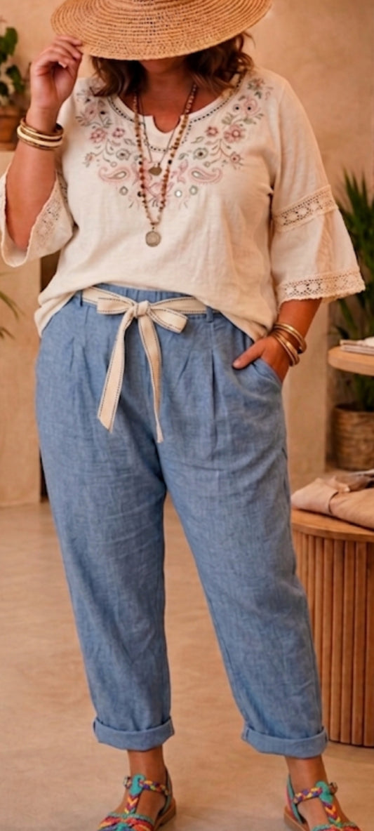 🎀 Pantalon "Escale Bohème" – Bleu Chiné en Coton & Lin