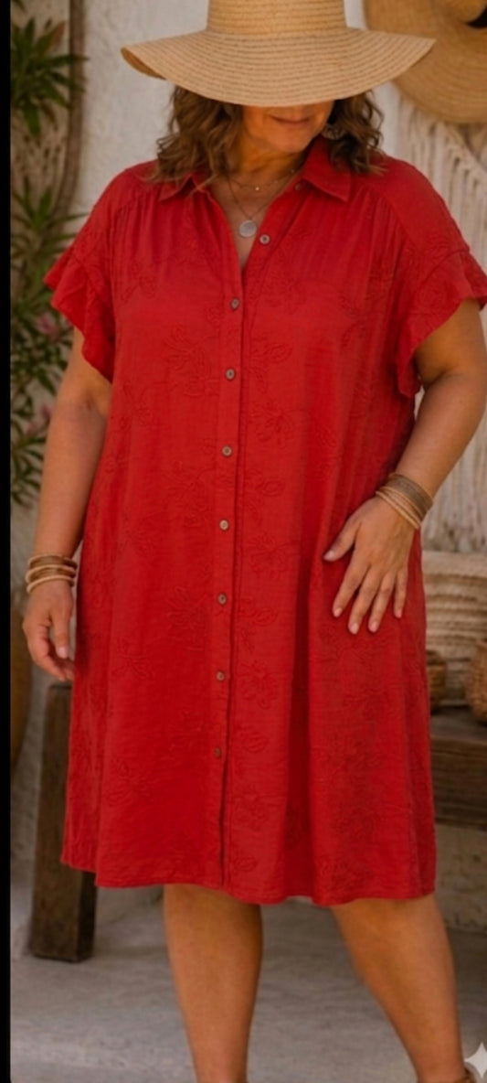 ♥️ Robe Chemise Rouge en Viscose Brodée