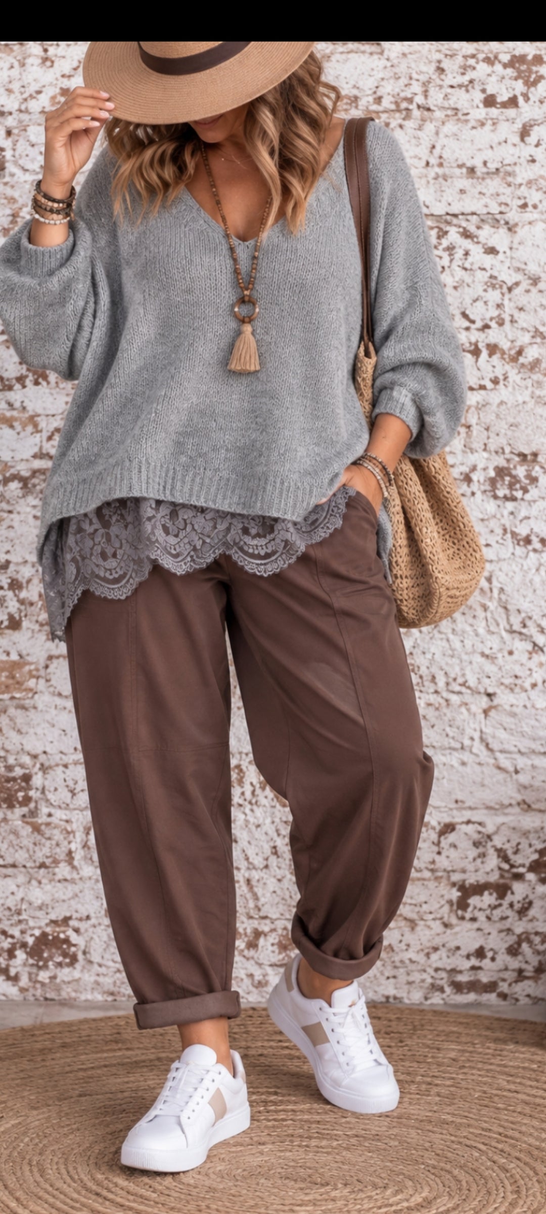 Pull bohème gris à dentelle – coupe oversize
