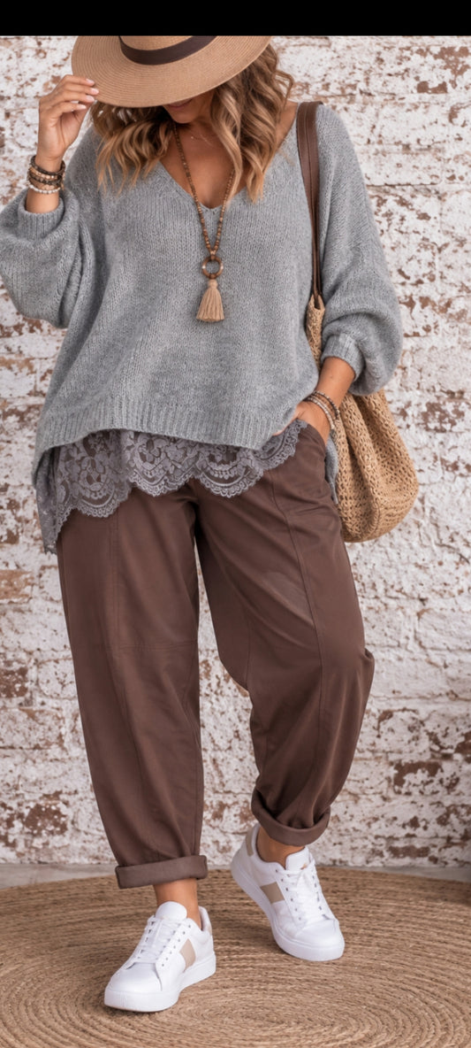Pull bohème gris à dentelle – coupe oversize