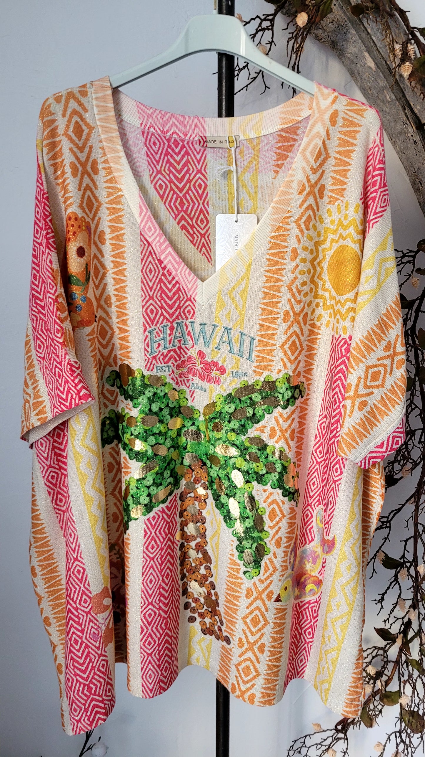 🌴 Tunique Oversize "Aloha Spirit" – Imprimé Ethnique & Palmier Sequins