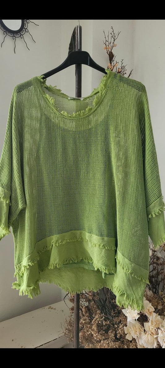 🍀 Top en Maille Ajourée & Franges – Vert Anis