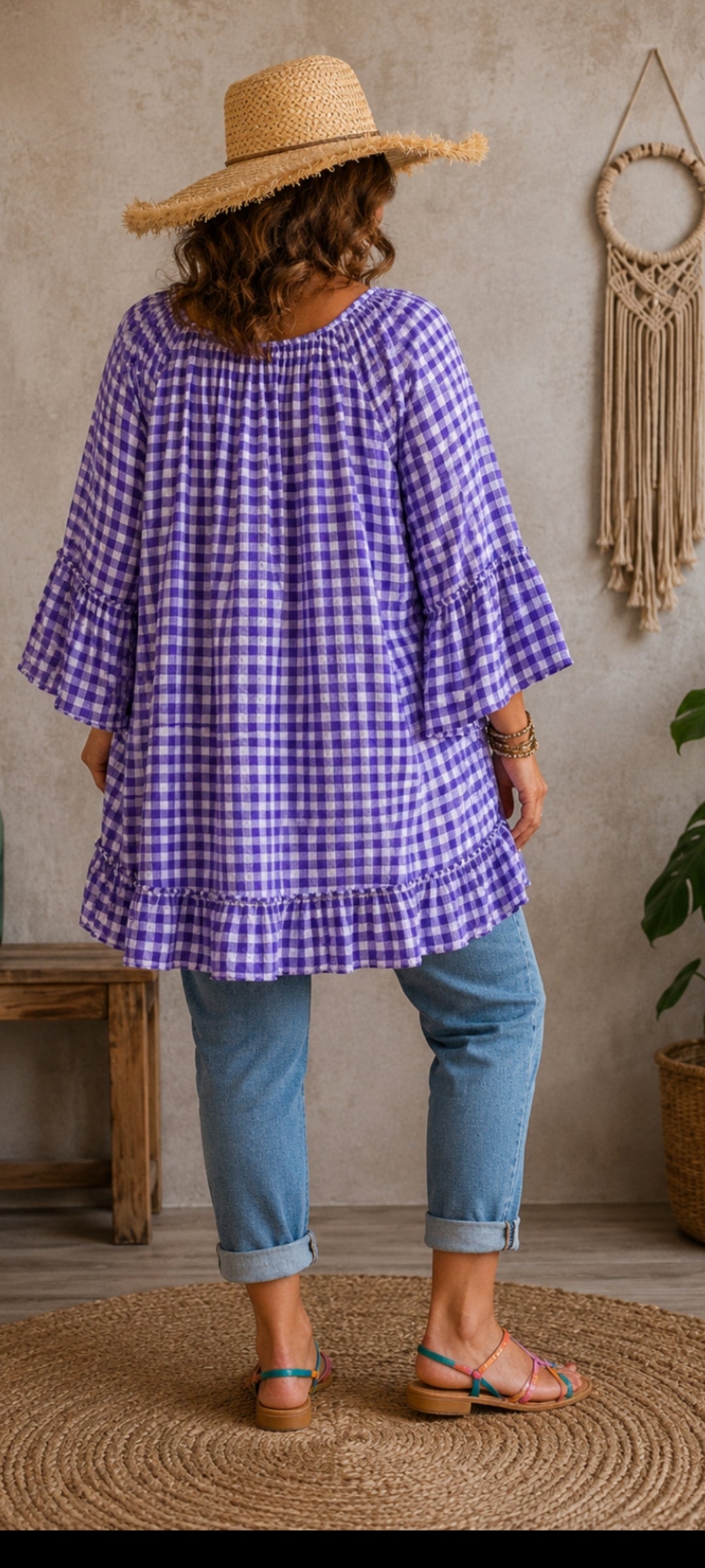 🌷 Tunique “Amour” Vichy Bohème Chic – Violet & Blanc