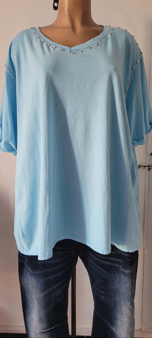 T-shirt Ample Bleu Ciel à Rivets