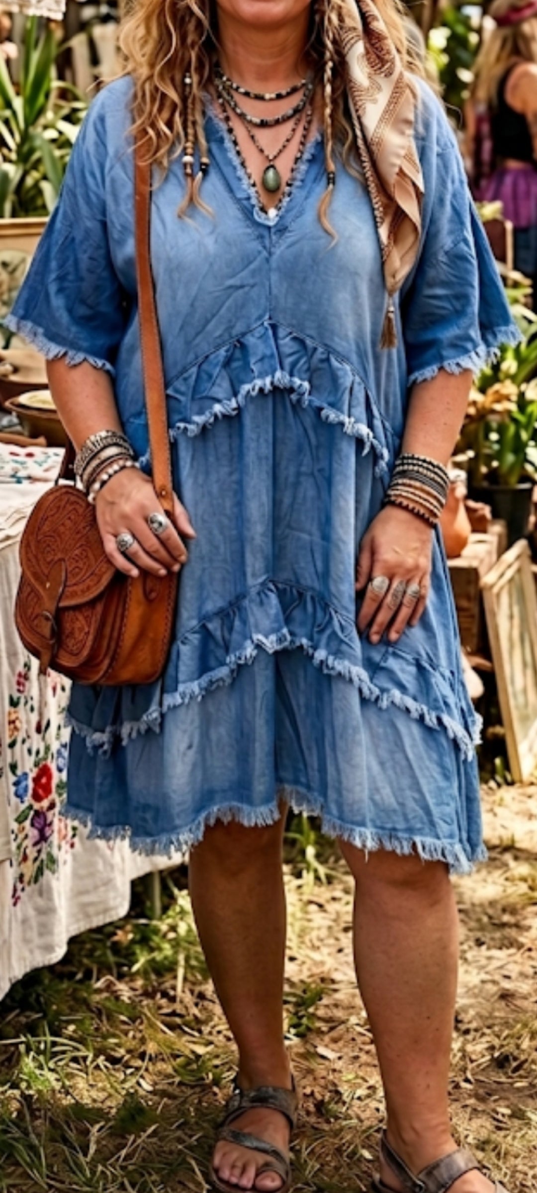 🍒💋 Robe Courte Denim Léger Hippie Chic – Coupe Fluide & Volants