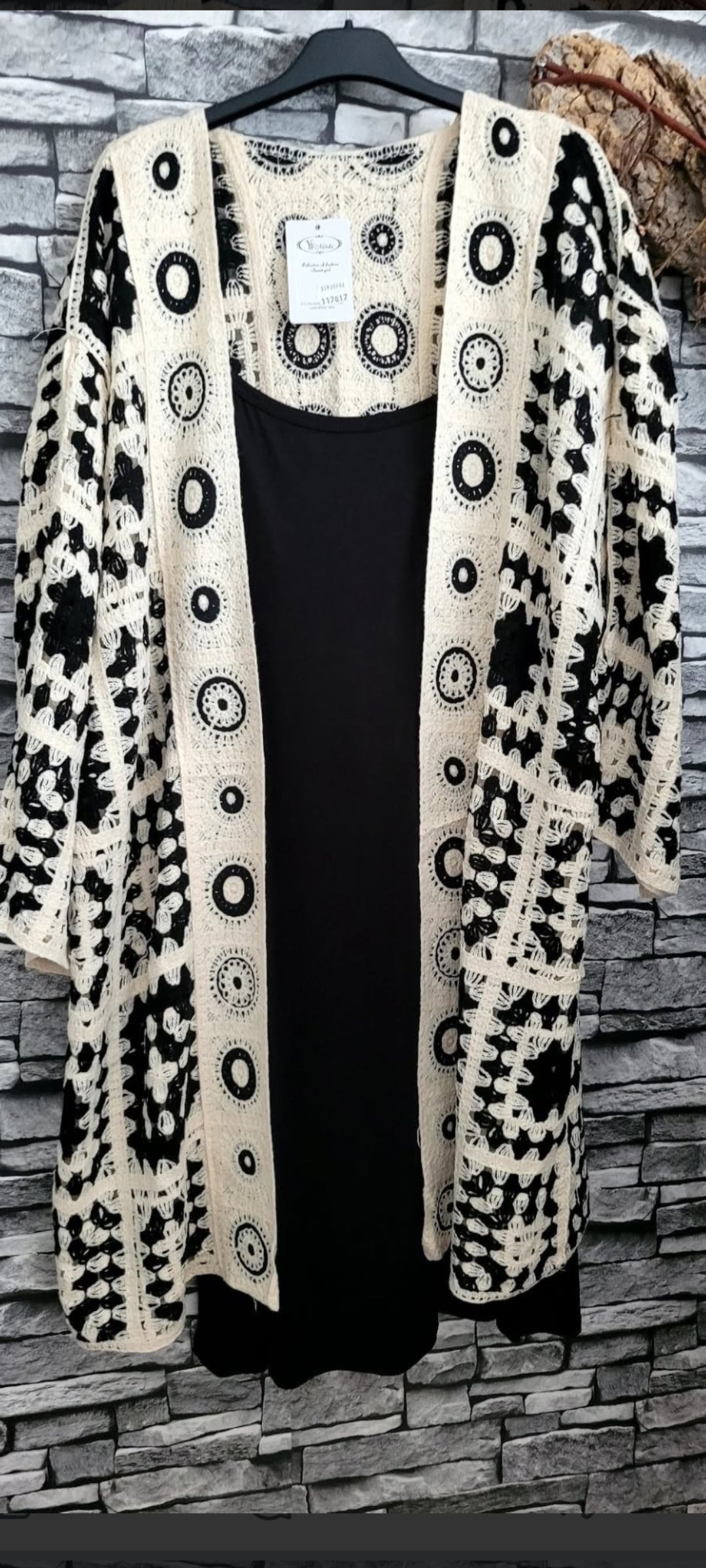 💋Veste longue crochet noir & écru