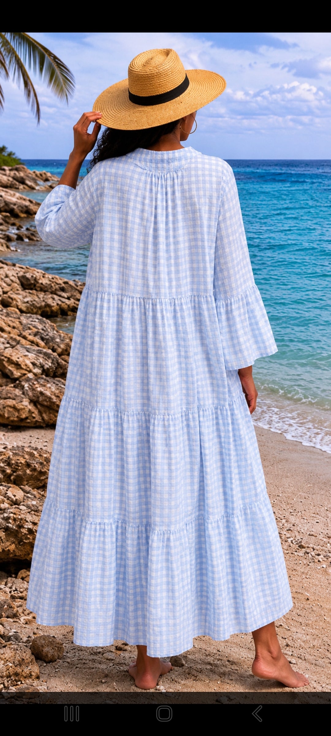🌴 Robe longue Vichy bohème – Bleu clair