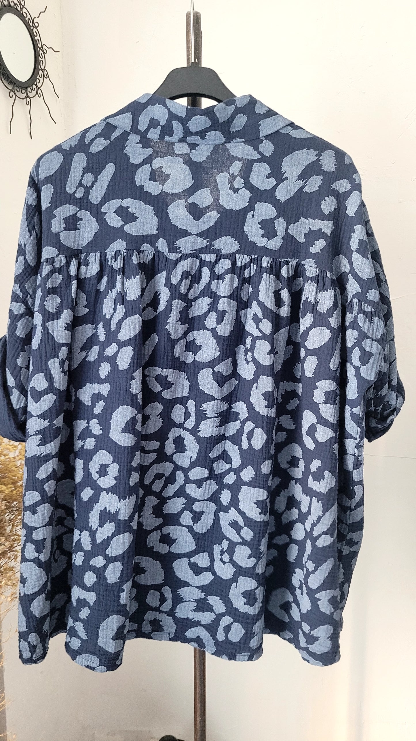 💕 Chemise Oversize en Voile de Coton Gaufré à Imprimé Léopard Bleu