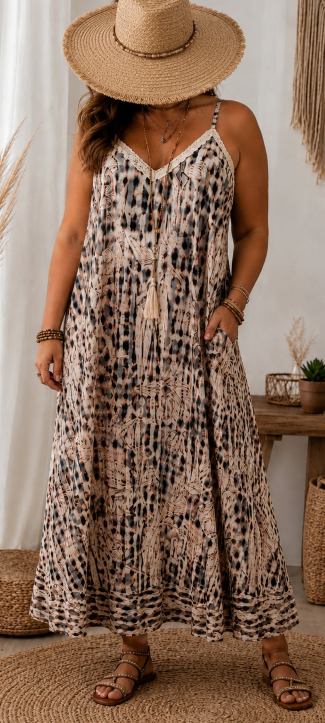 🍀 Robe Maxi "Sable Bohème" – Imprimé Floral & Vichy
