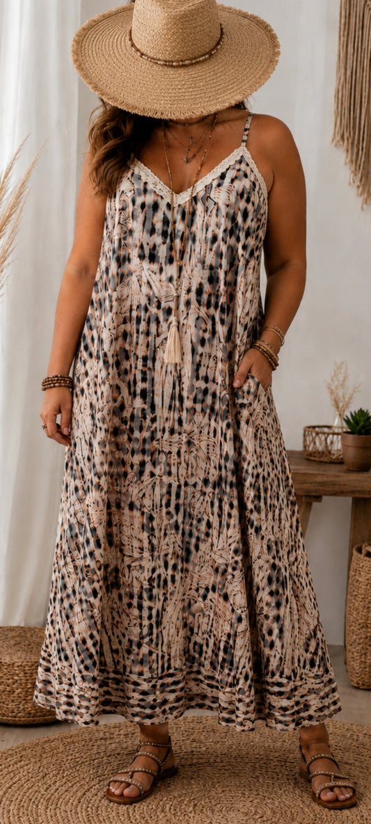 🍀 Robe Maxi "Sable Bohème" – Imprimé Floral & Vichy