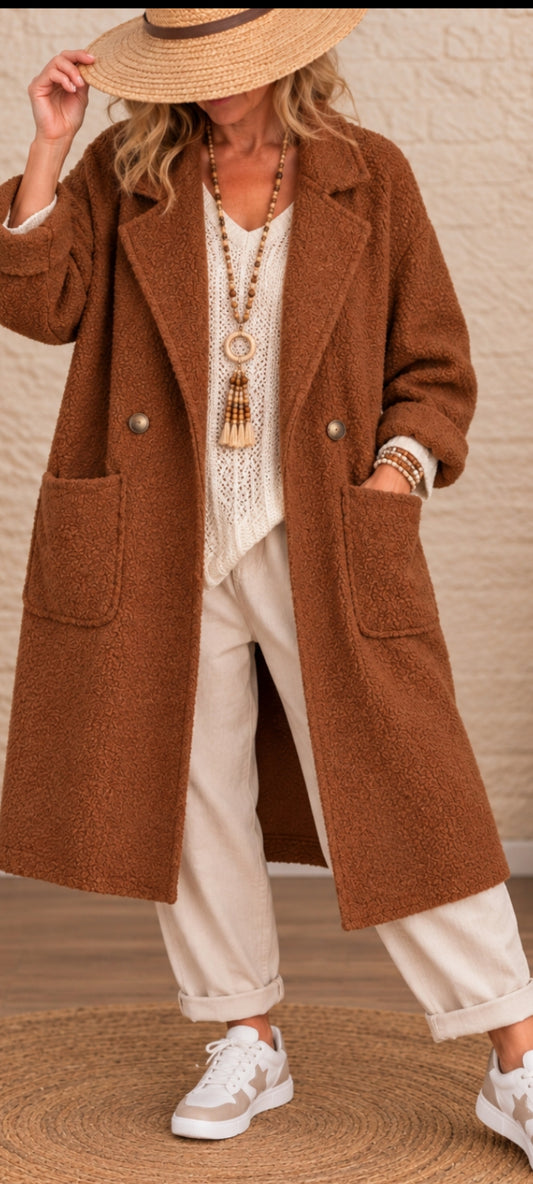 Manteau long effet bouclé terre cuite