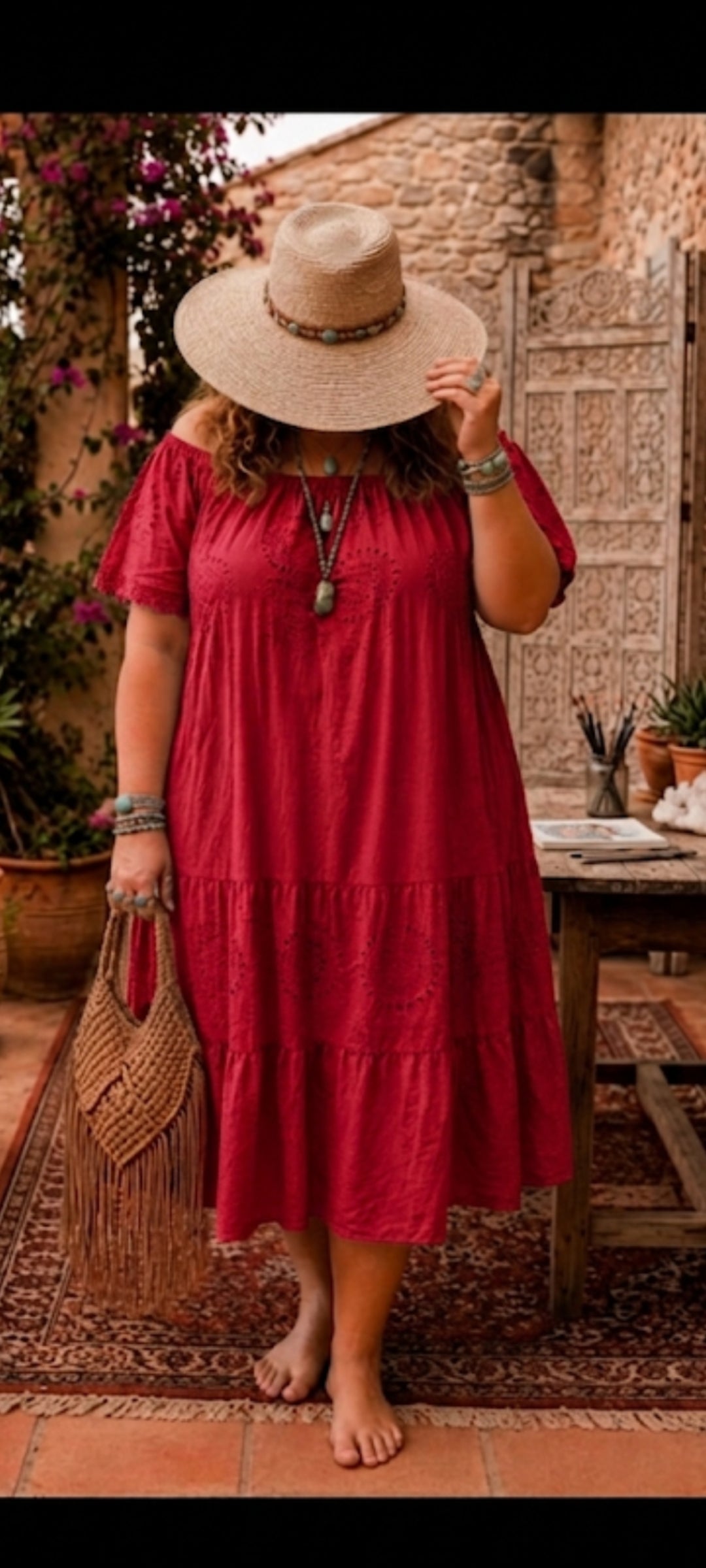 🍒 Robe longue bohème en coton – Rouge framboise