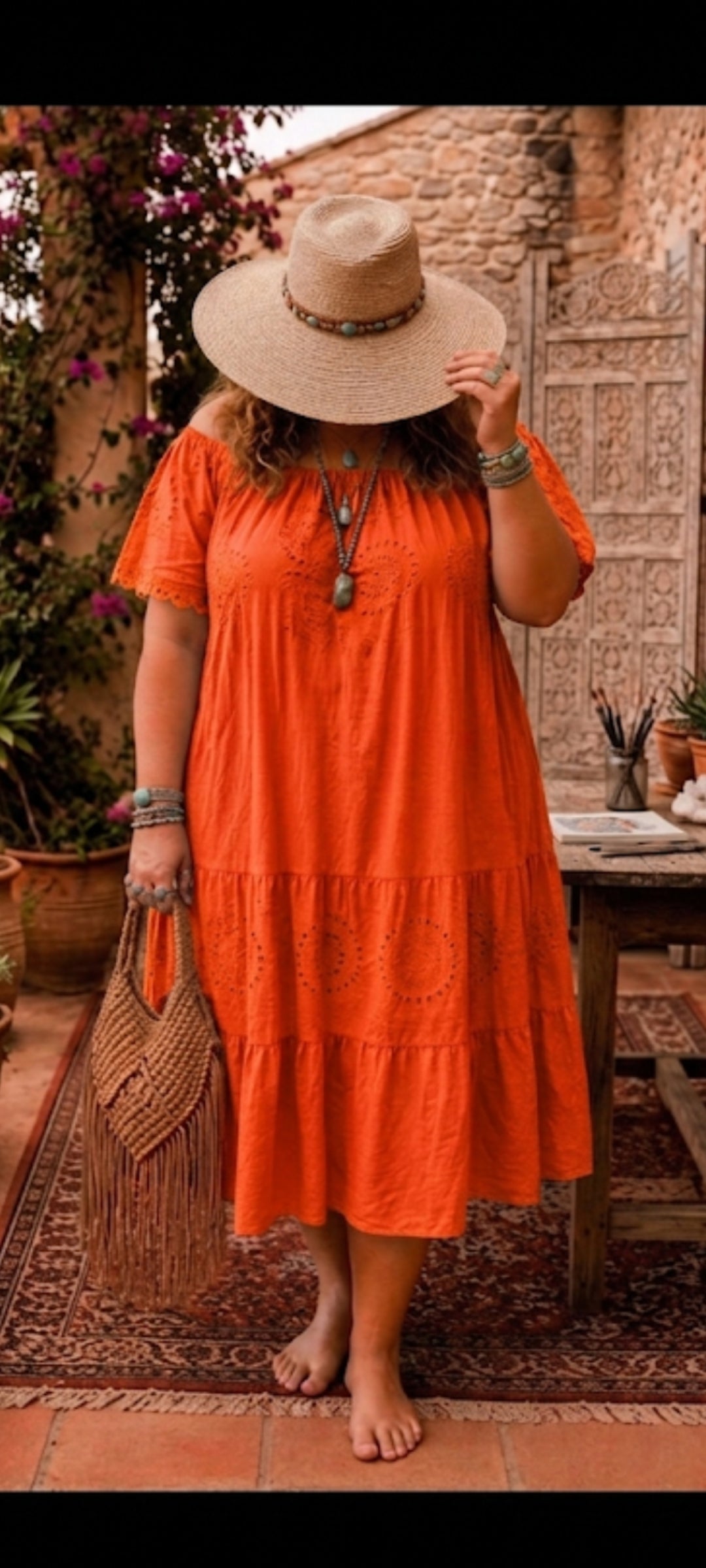 🍒 Robe longue bohème en coton – orange