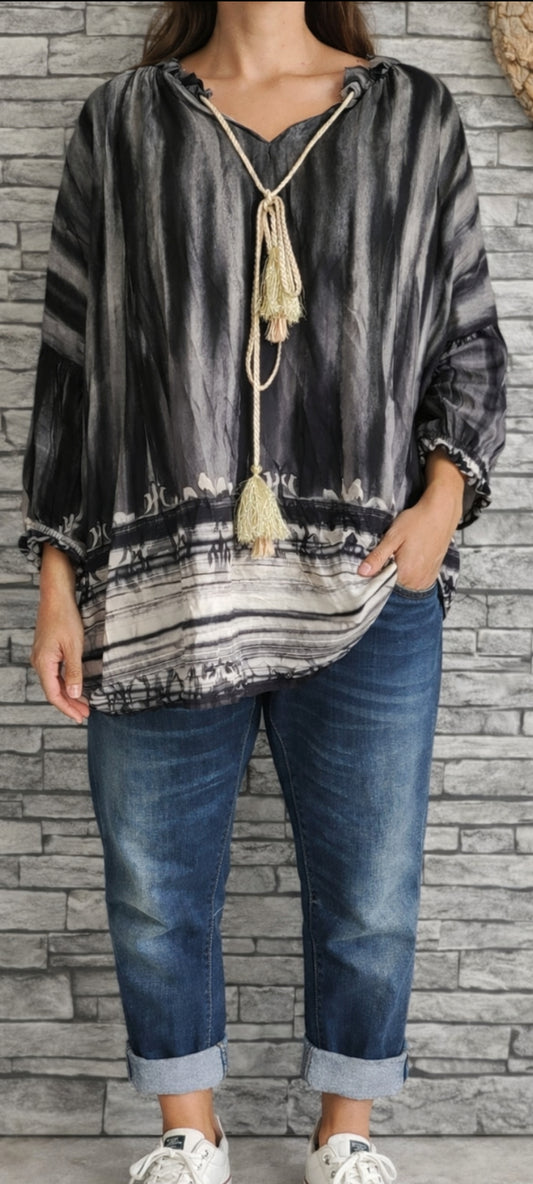 🌺 Blouse Bohème Chic - Imprimé Abstrait Noir & Sable