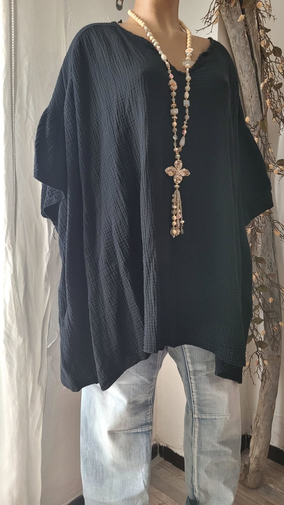 🌼 Tunique Oversize en Gaze de Coton – noir