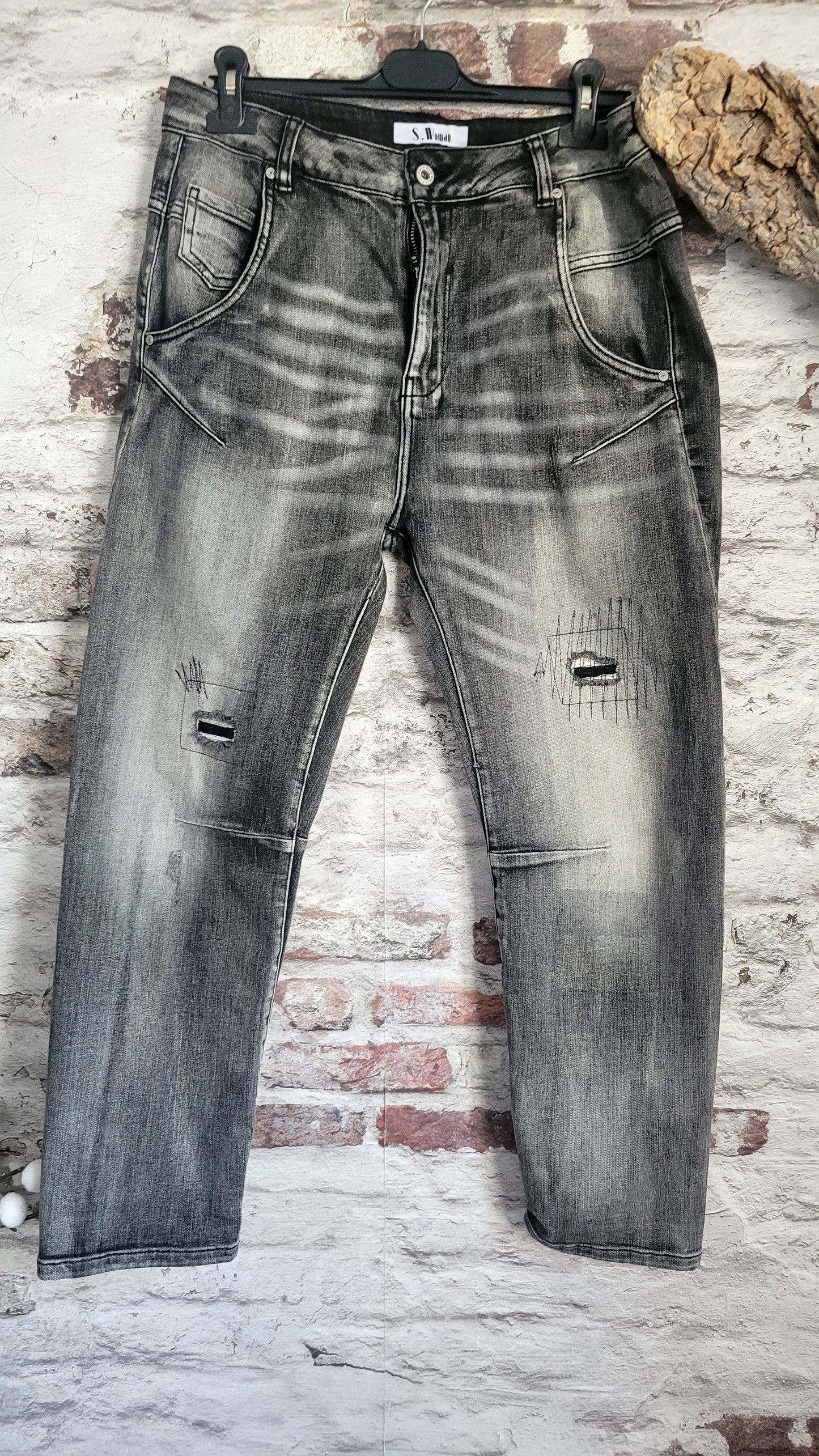 💋Jean Boyfriend S. Woman Noir Délavé Destroy