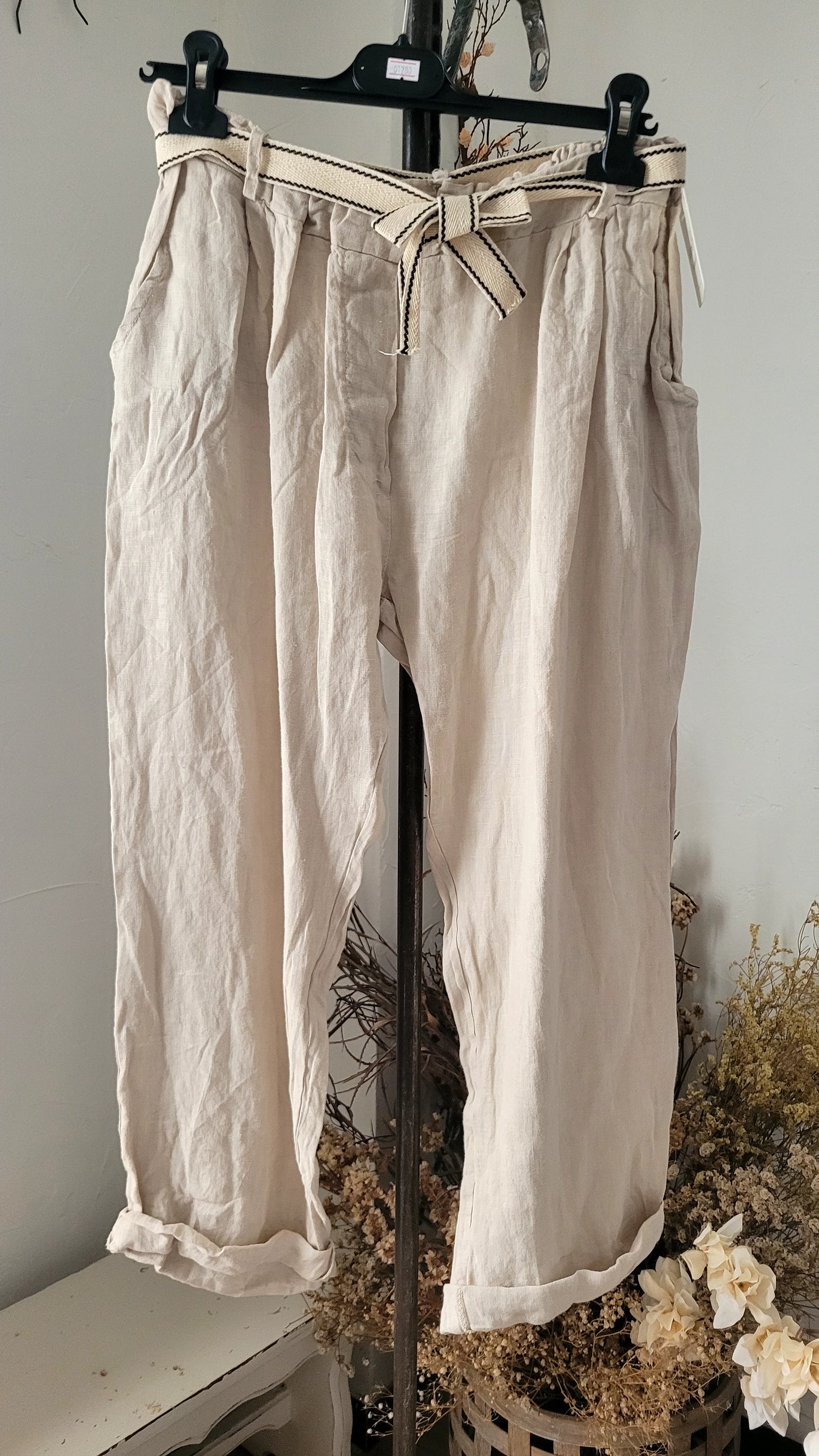 🍀 Pantalon Ample en Lin Tissé – couleur crème