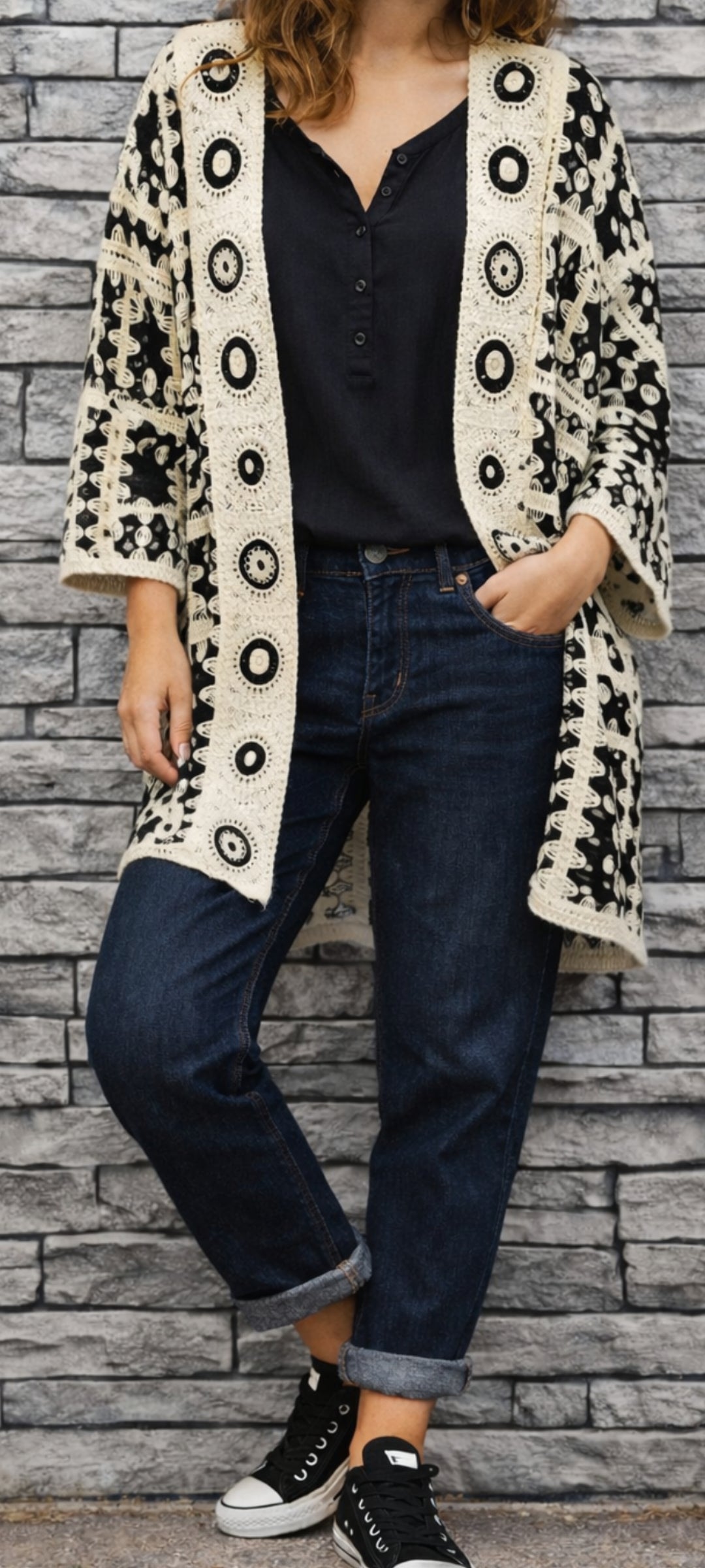 💋Veste longue crochet noir & écru