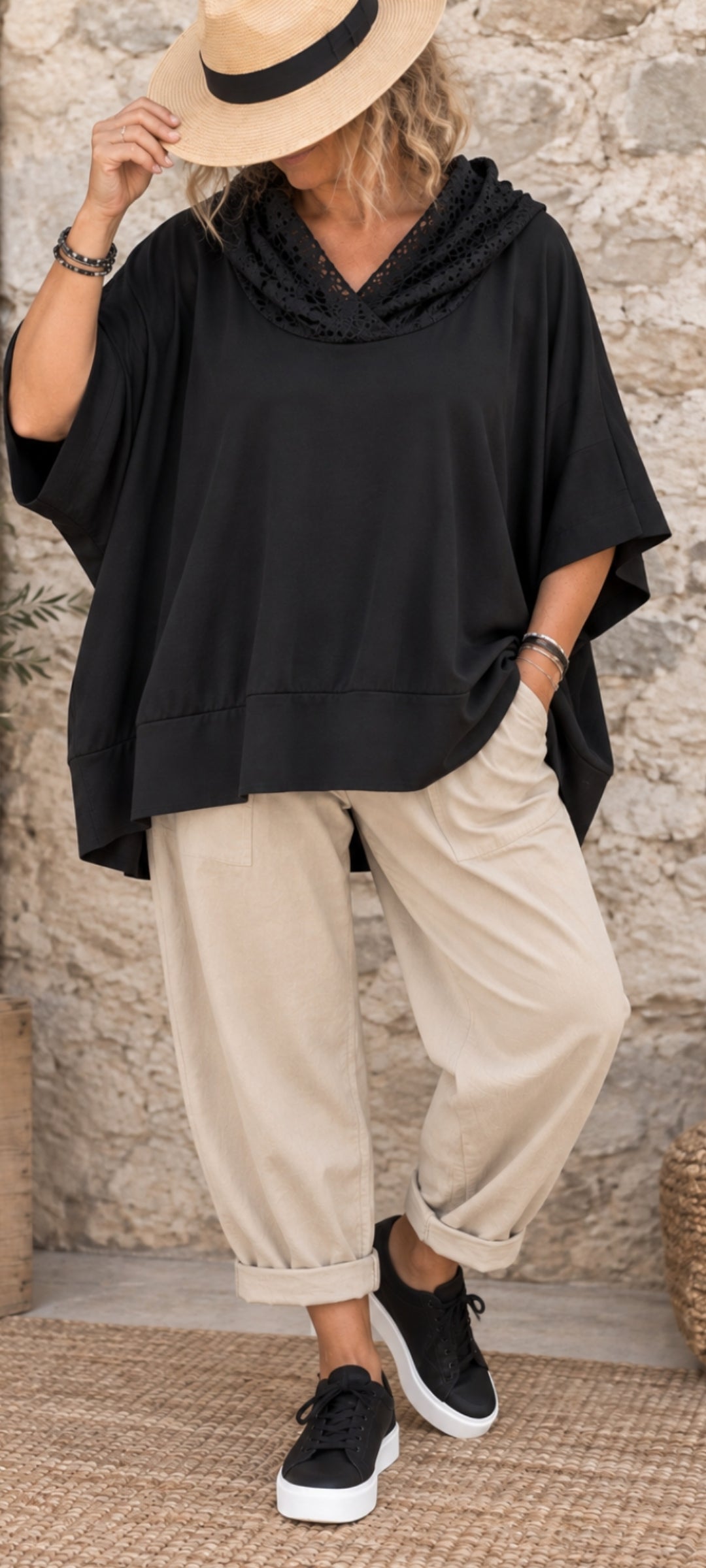 Sweat oversize à capuche dentelle