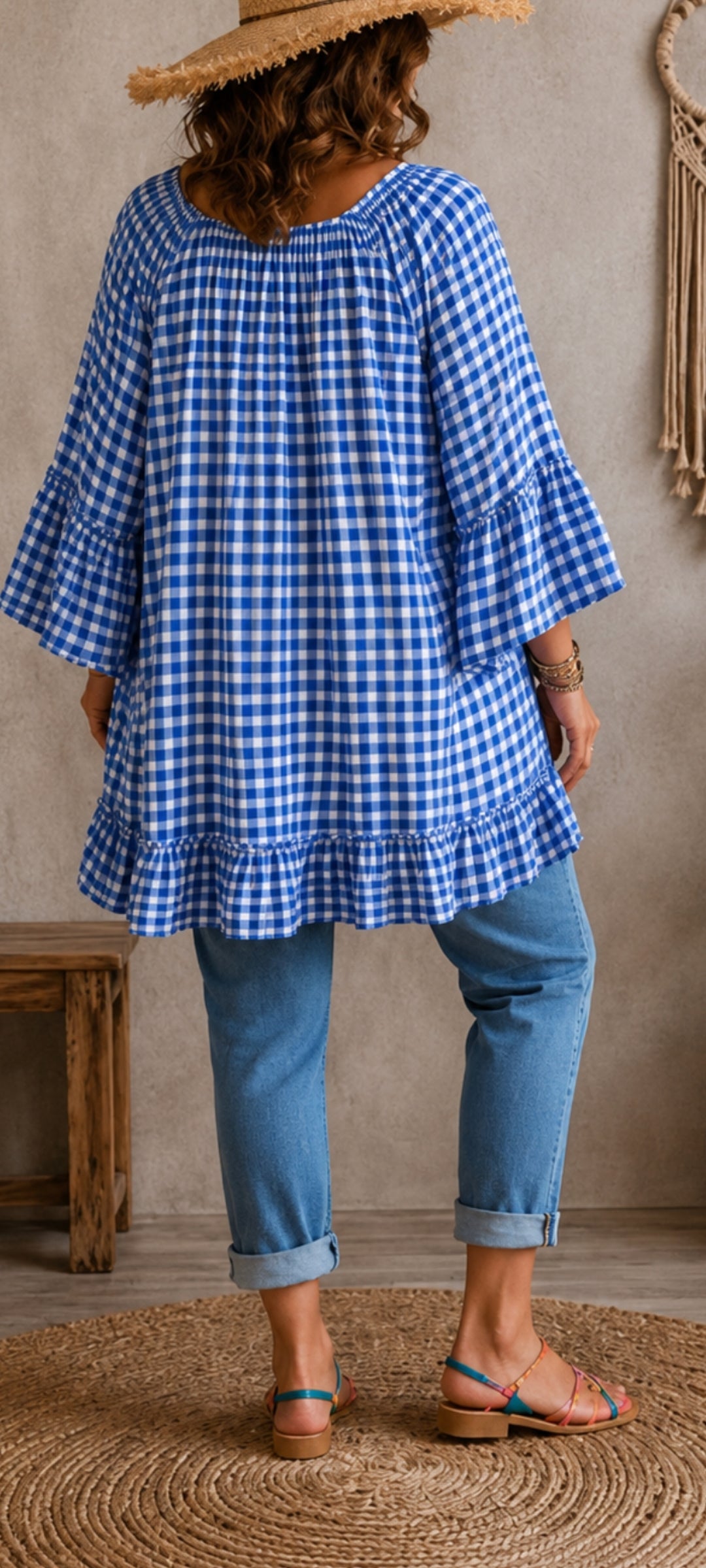🌷 Tunique “Amour” Vichy Bohème Chic – Bleu & Blanc
