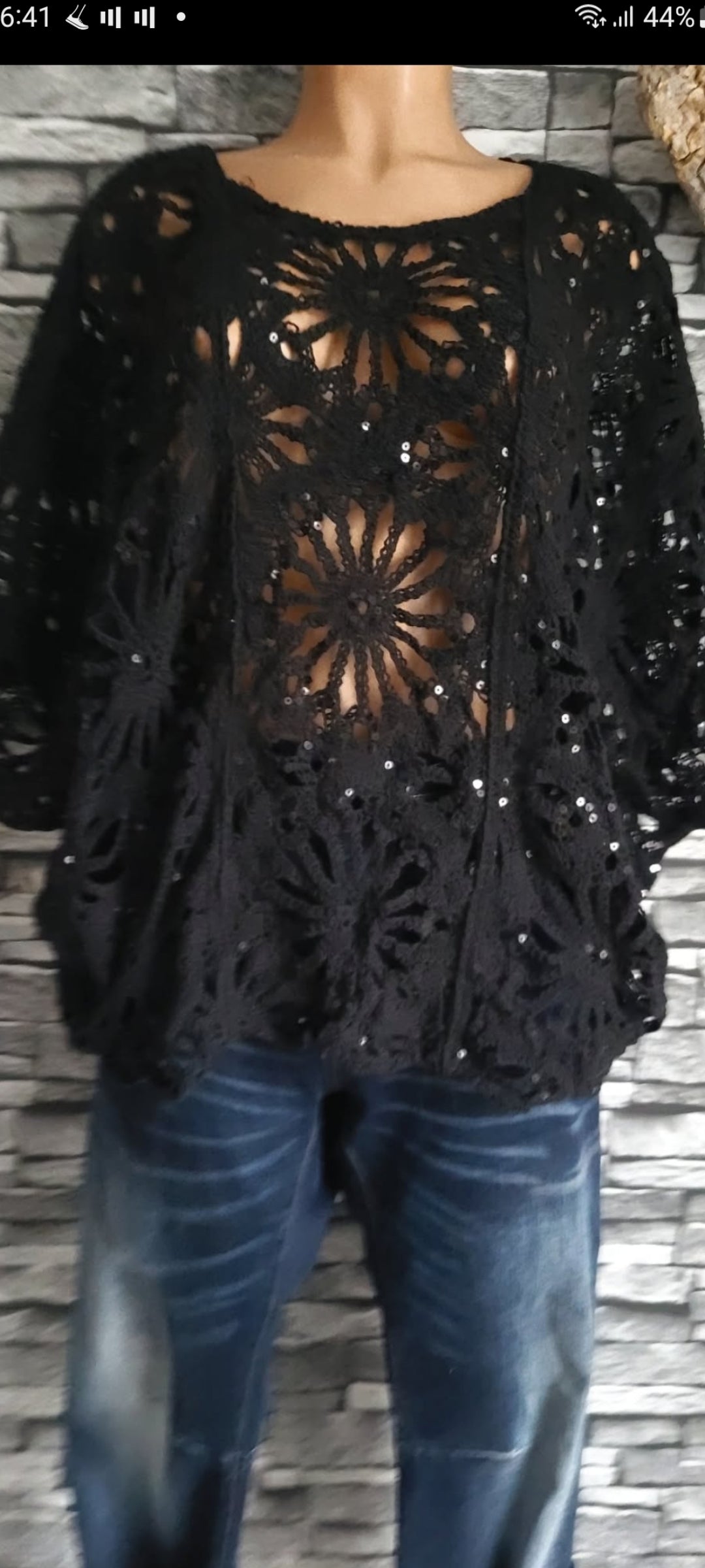 💋 Poncho Crochet & Sequins – Noir