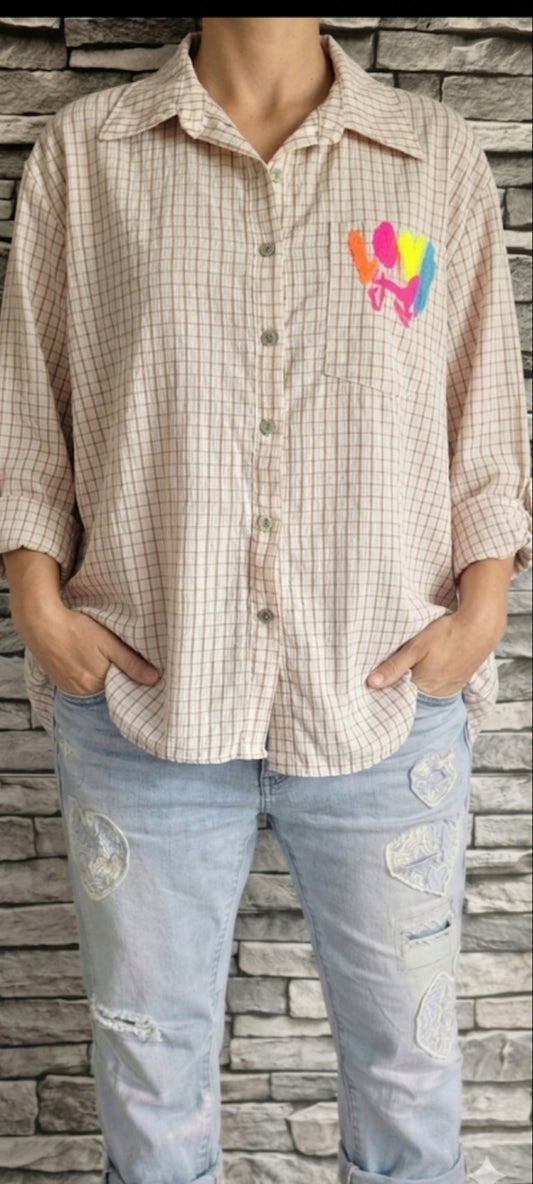💋Chemise Oversize Carreaux & Patch "LOVE"