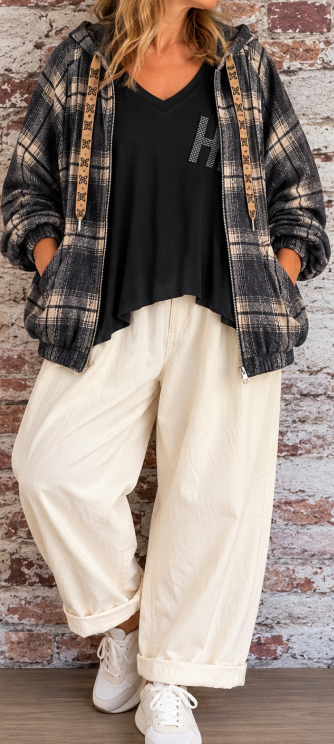 veste légère à carreaux noirs et beiges, au style bohème chic !