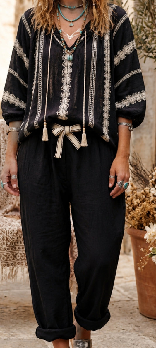 🍀 Pantalon Ample en Lin Tissé – couleur noir