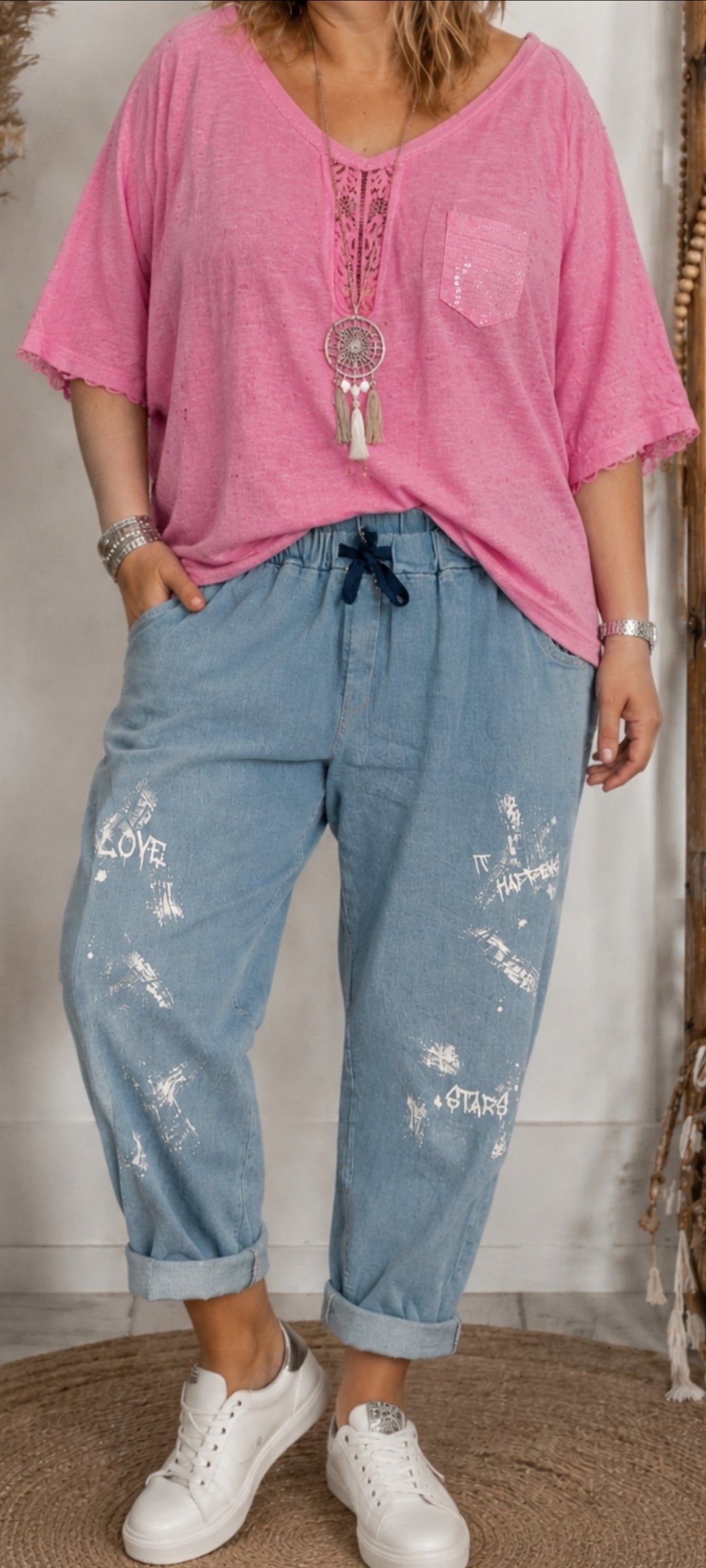 🌺 Pantalon denim stretch bohème chic