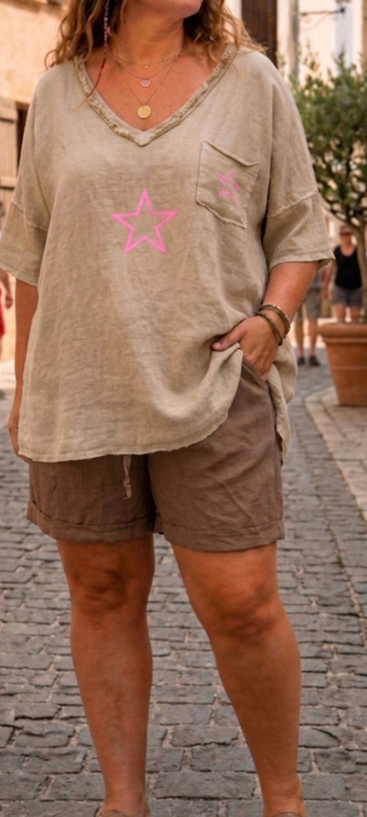 🌺 T-shirt Tunique en coton Délavé - Style Bohème-Chic avec Détails Étoile Pink