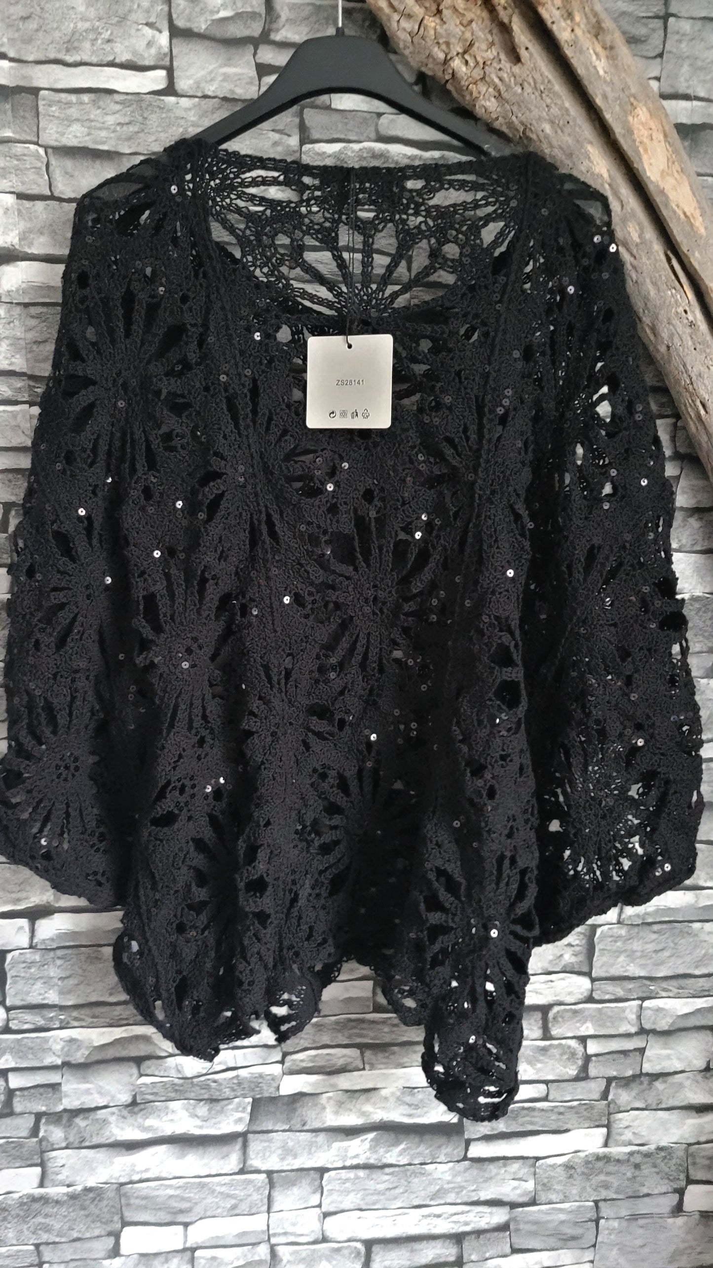 💋 Poncho Crochet & Sequins – Noir