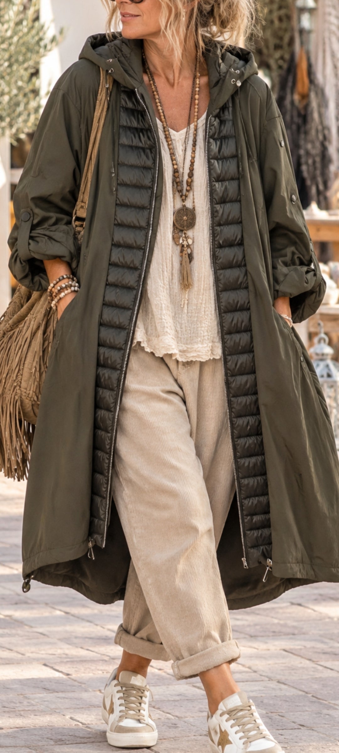 Manteau long kaki – Esprit bohème chic
