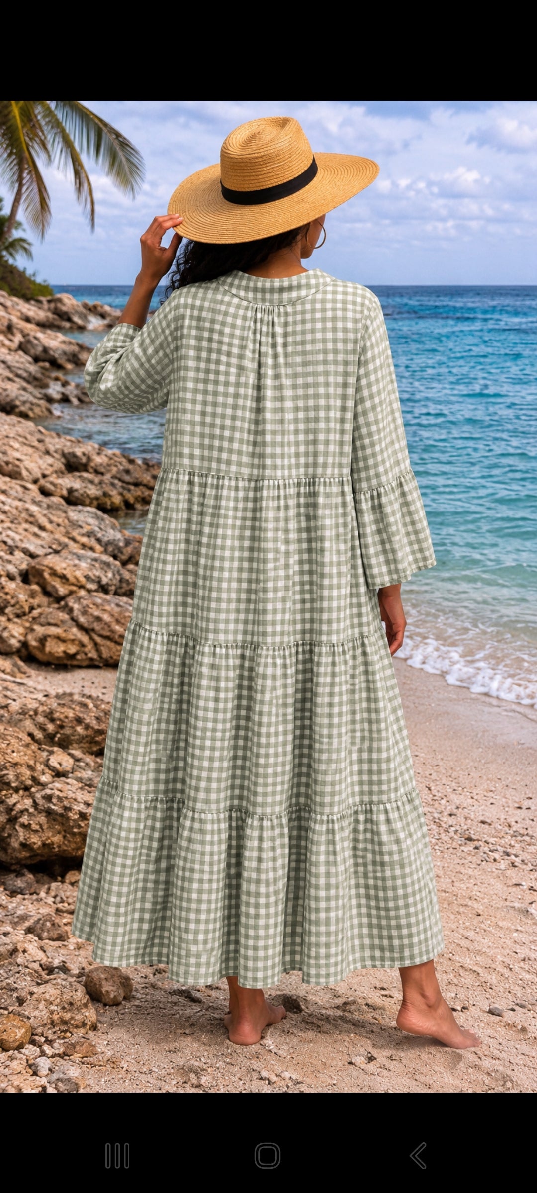 🌴 Robe longue Vichy bohème – Vert sauge