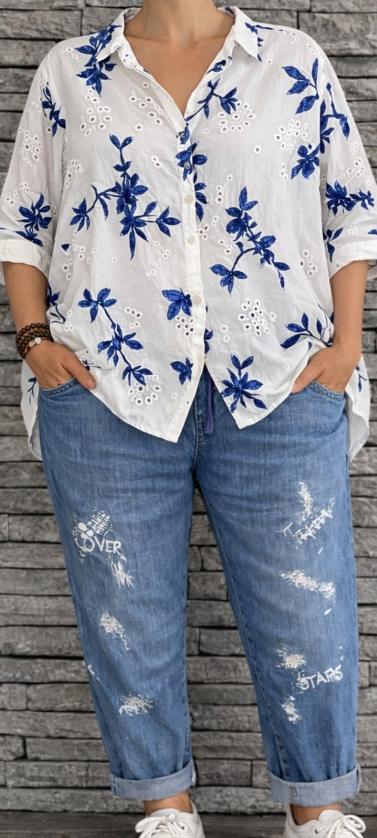 💙Chemise Fleurie Blanche & Bleue – Grande Taille