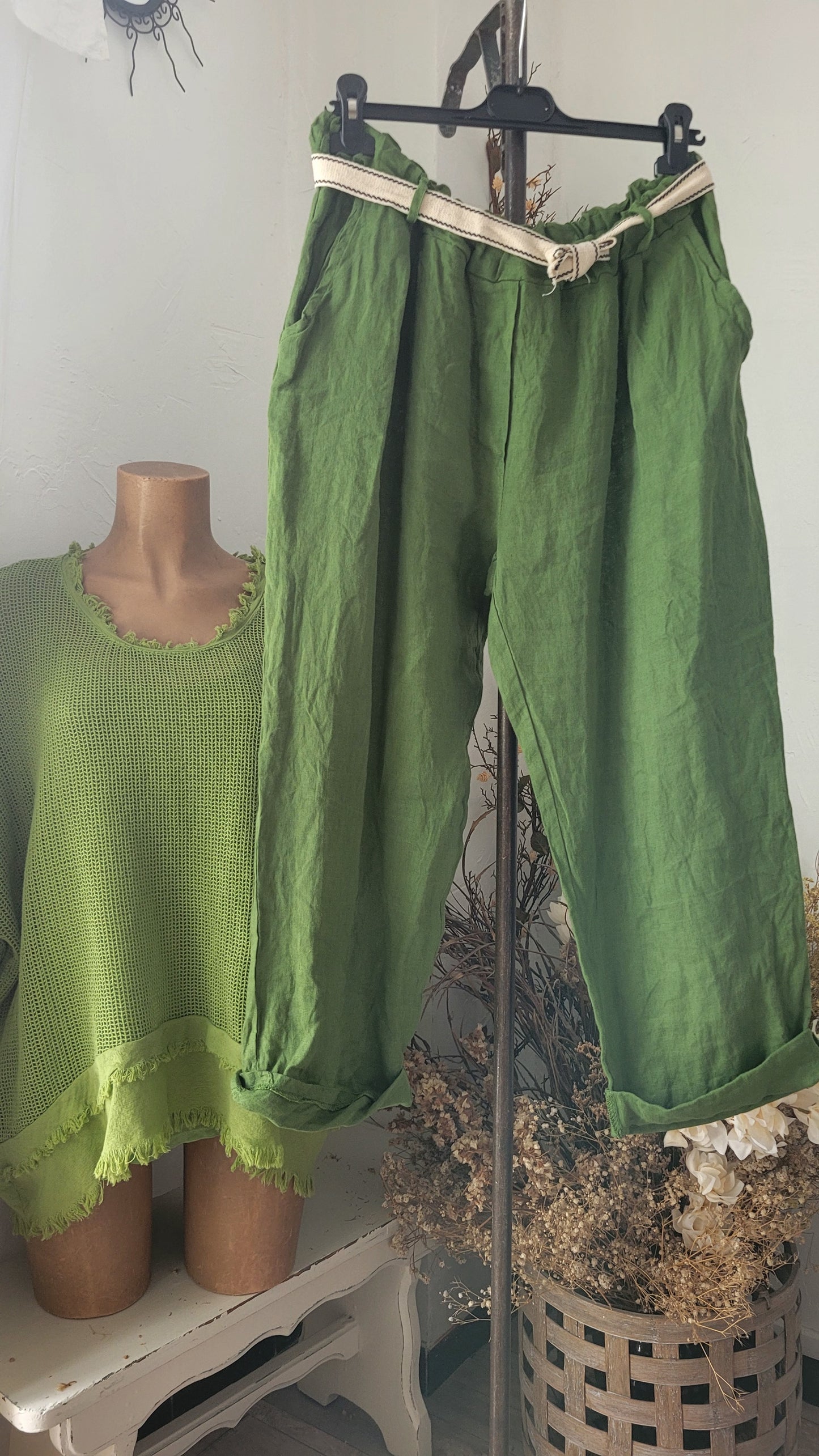 🍀 Pantalon Ample en Lin Tissé – Vert Émeraude
