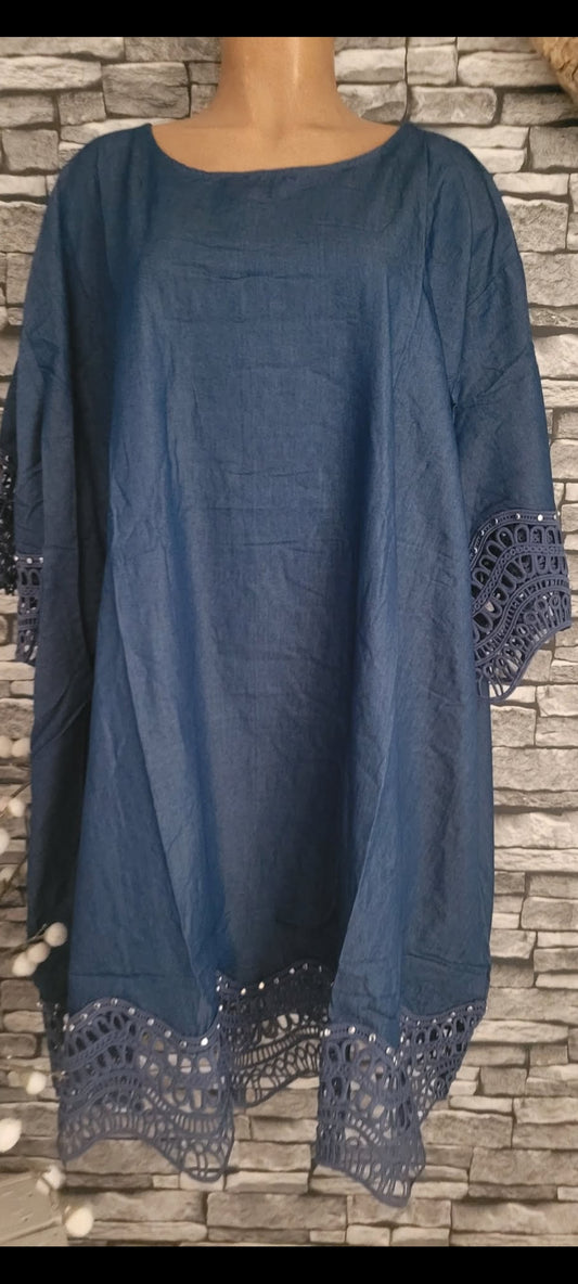 🪷Tunique Boho-Chic Denim & Dentelle