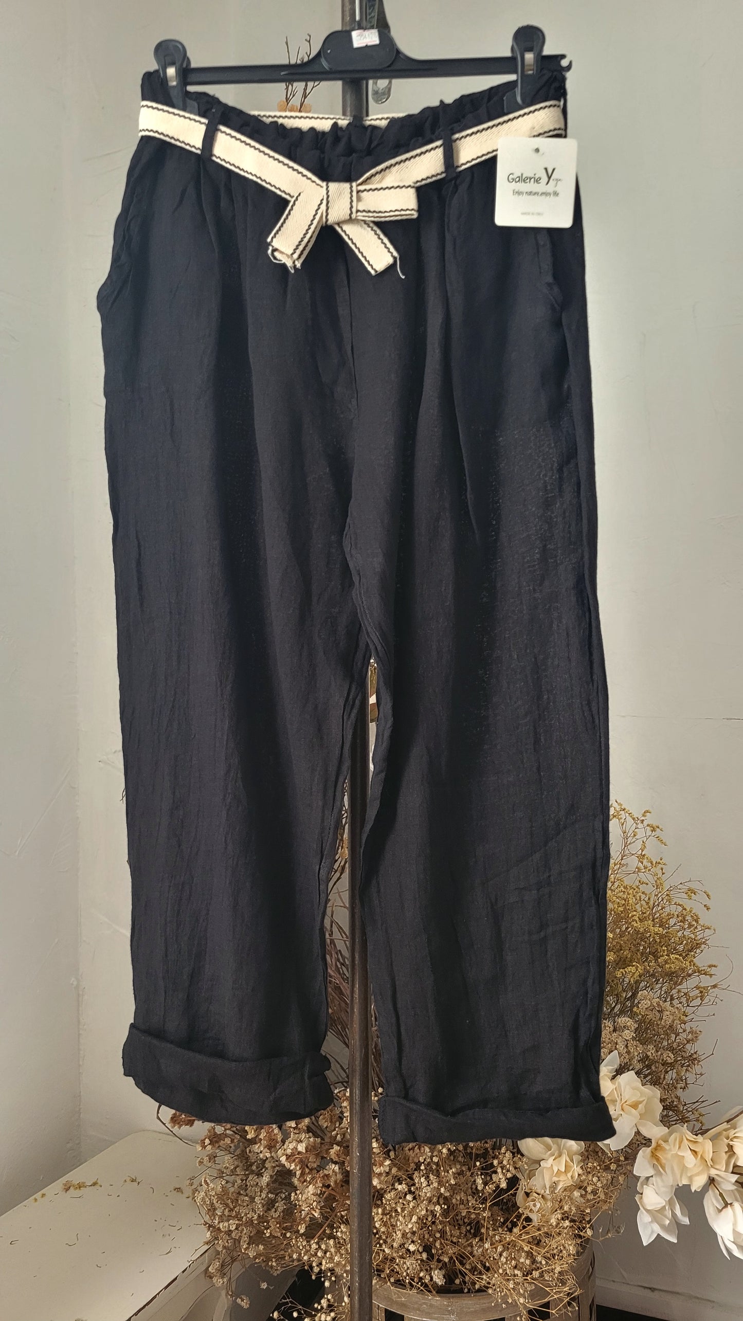🍀 Pantalon Ample en Lin Tissé – couleur noir