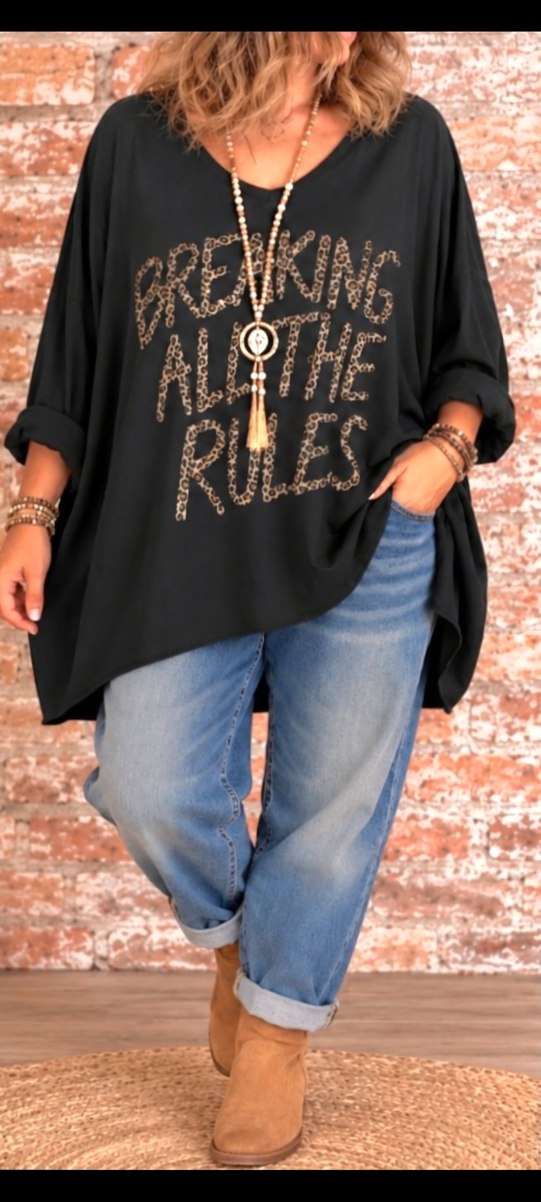 T-shirt long oversize – Inscription léopard