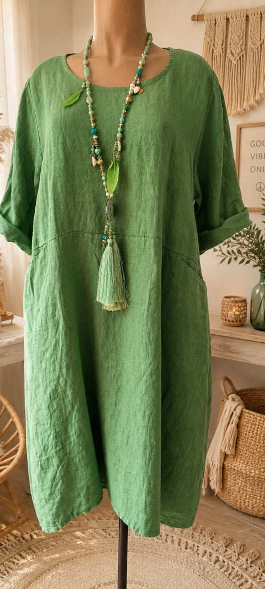 ❤️ Robe tunique en lin vert – style bohème chic