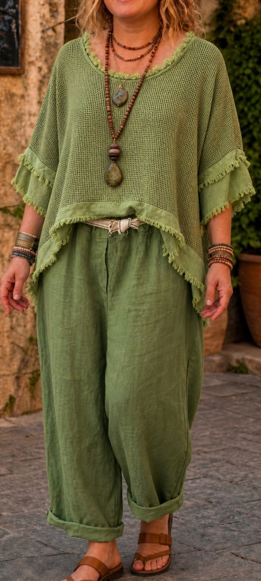 🍀 Pantalon Ample en Lin Tissé – Vert Émeraude