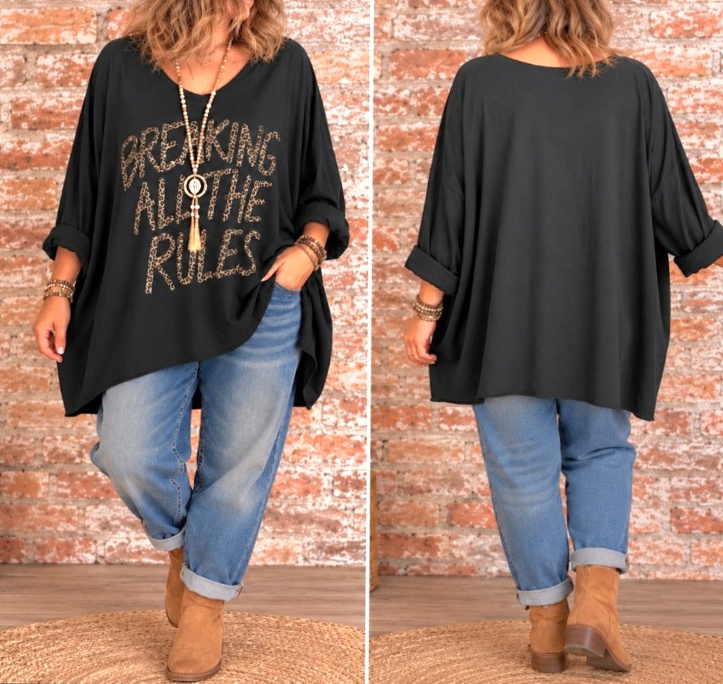 T-shirt long oversize – Inscription léopard